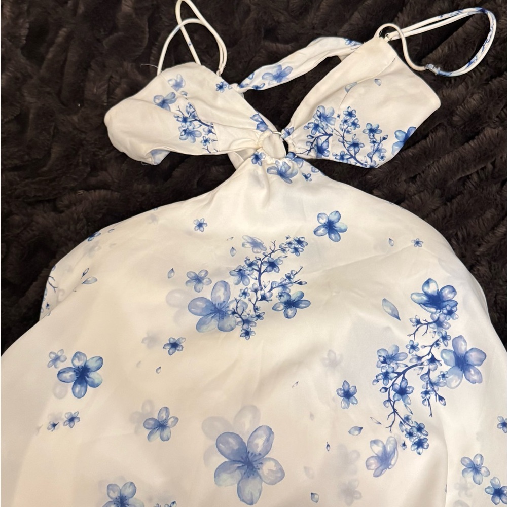 Lucy in the Sky White Slip Dress with Blue Floral Print